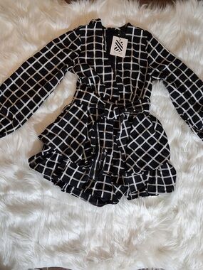 Black & White Windowpane Belted Romper by Blithe